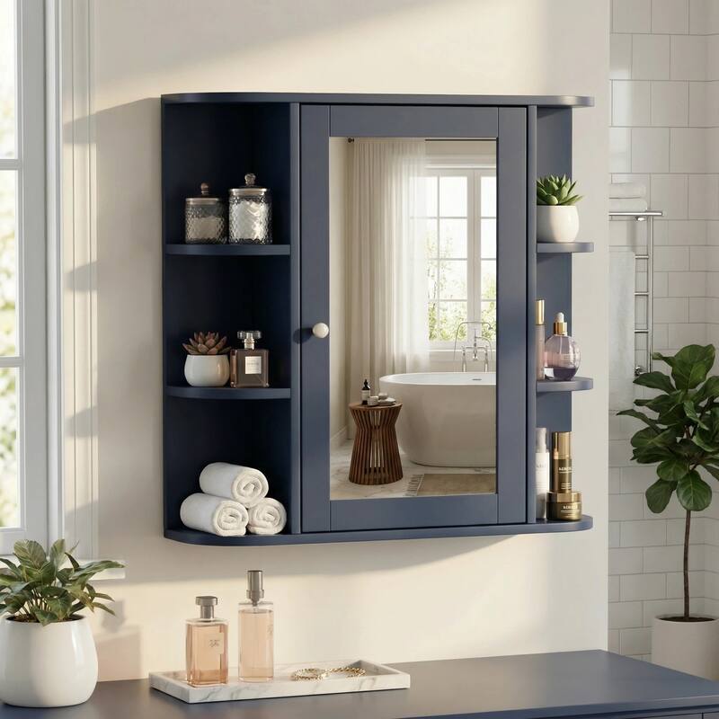 Bathroom Wall Storage Cabinet with Mirror, with Adjustable Wood Shelf & Doors, Mounted Storage Cabinets with 6 Open Shelves