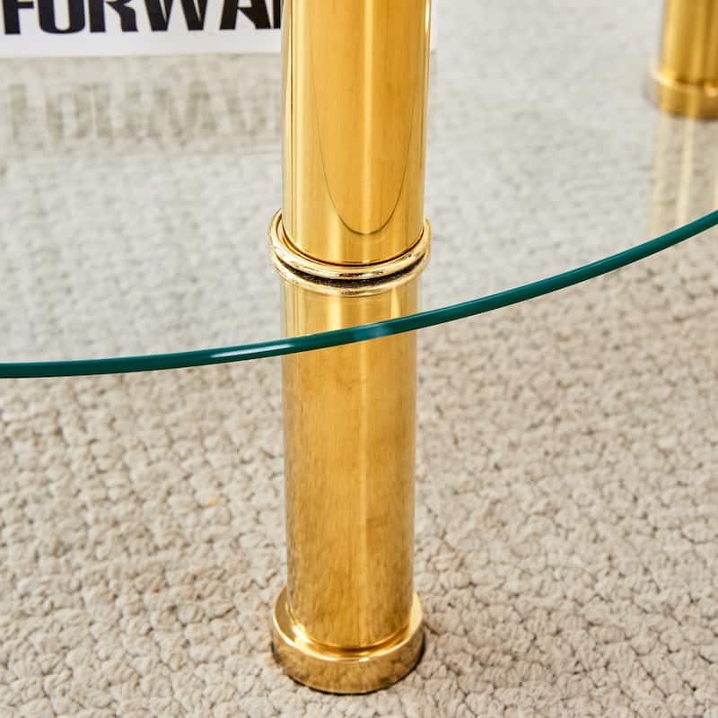 Roomfitters Double Layer Glass Coffee Table with Gold Legs, 27.5" Top and 23.6" Bottom, Modern Minimalist Design