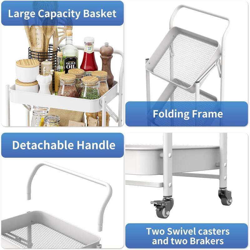 Foldable Rolling Cart, 3-Tier Metal Folding Storage Utility Carts