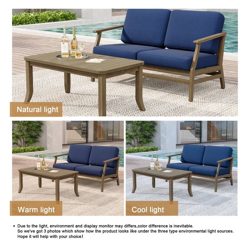 Teak Wood Patio Outdoor Loveseat Sofa and Coffee Table Set