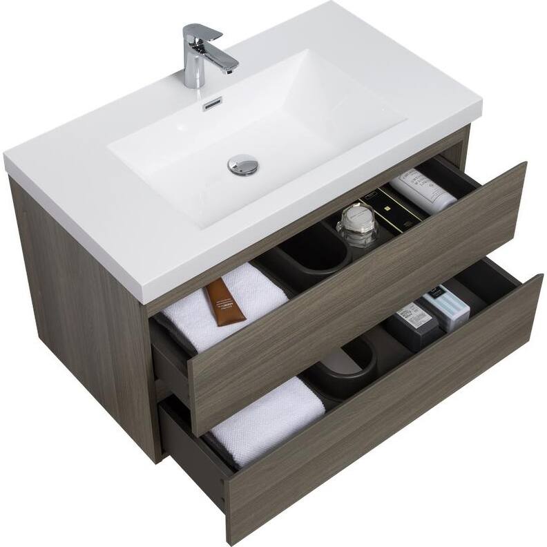 ABRUZZO 36" Floating Single Bathroom Vanity Wall-Mounted with Integrated Resin Top Basin 2 Soft Close Drawers Full Assembly