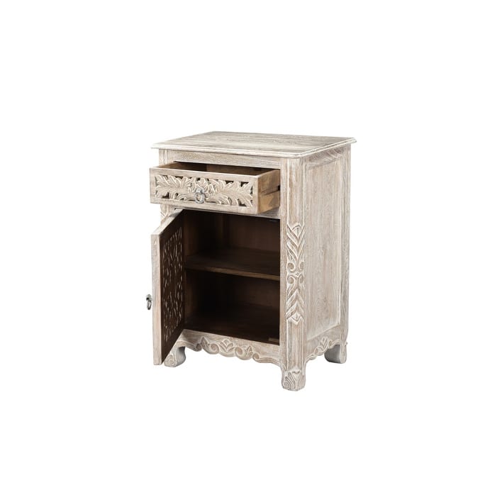 HomeRoots 30" Distressed White One Drawer Floral Carved Solid Wood Nightstand
