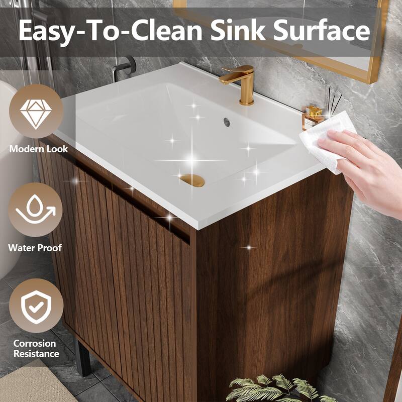 24 Inch Bathroom Vanity with Sink, Floor Standing MDF Cabinet with Soft-Close Drawers and Modern Design