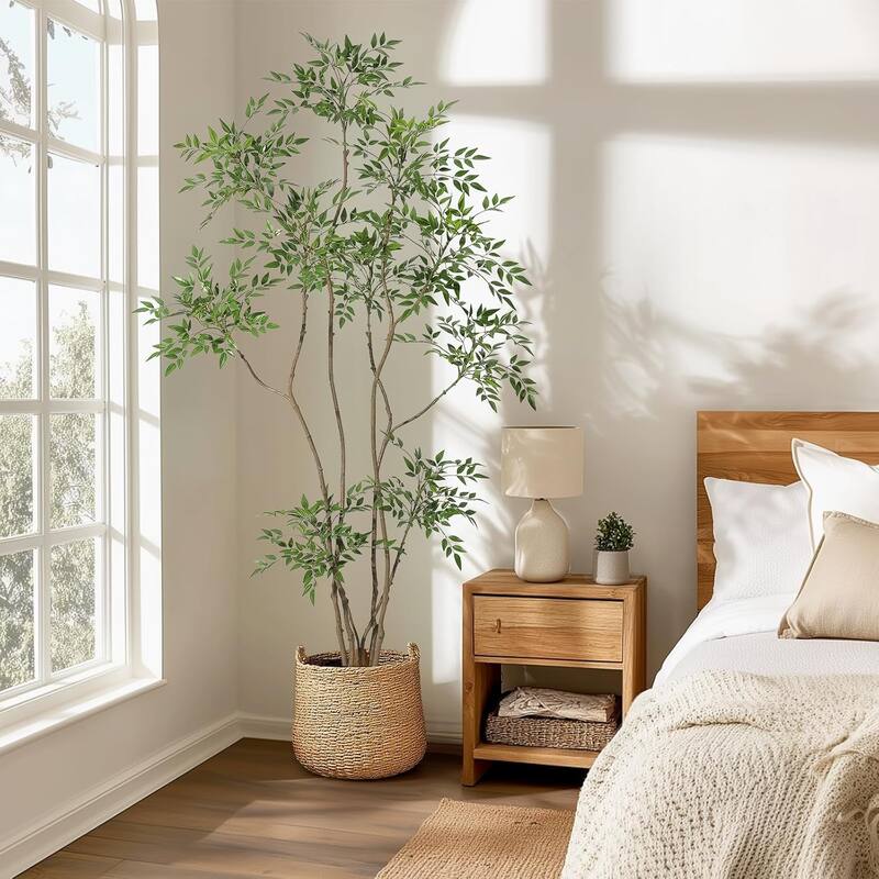 Artificial Plants Indoor, 5FT Tall Faux Floor Plant in Pot, Nandina Artificial Tree with Grey Planter