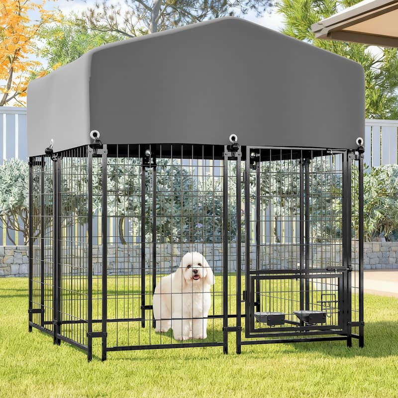 GDFStudio - Large Outdoor Heavy Duty Metal Dog Kennel with Roof, UV-Resistant Waterproof Cover, Double Lock & Rotating Feeder - 1.2x1.3x1.5M