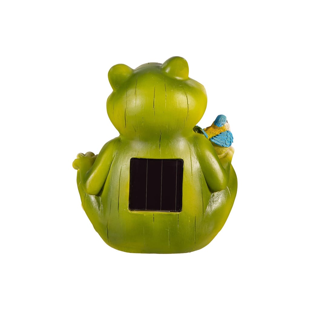 LED Resin Floral Frog With Bird Garden Statue, 8"H