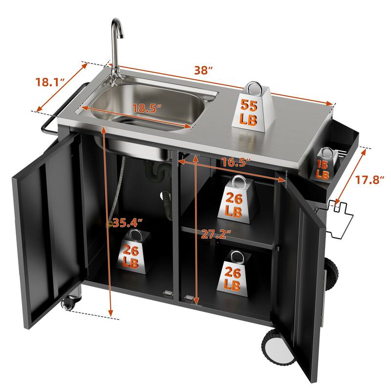 Outdoor Grill Table with Sink, Grill cart with 304 Stainless Steel Sink and Cabinet, Outdoor Grill cart,Outdoor cart - Black+Silver