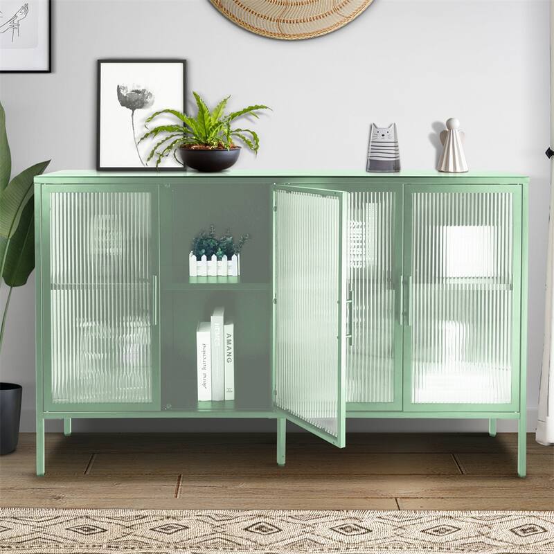 Stylish 4-Door Tempered Glass Cabinet, 4 Glass Doors Adjustable Shelf