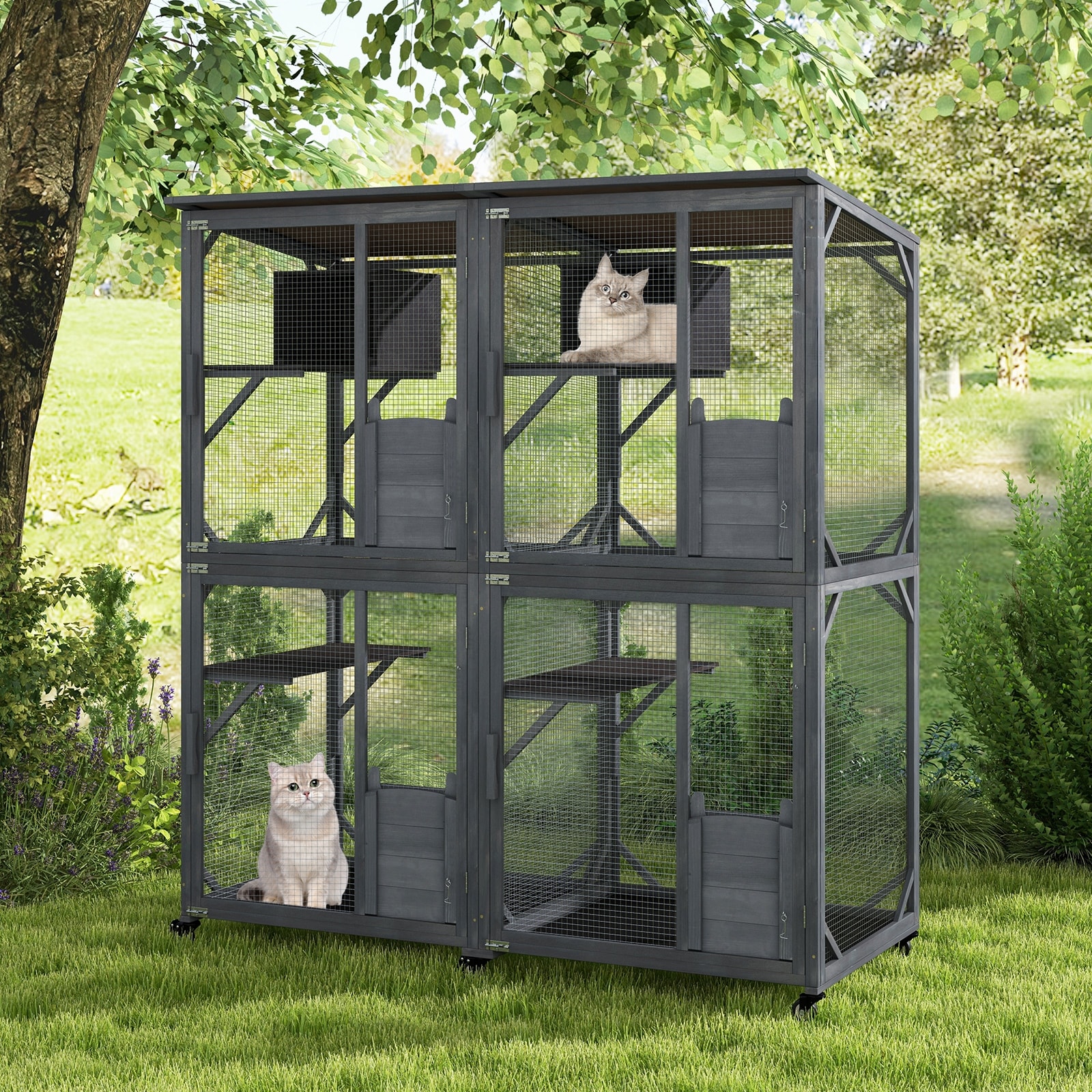 72 Inch Large Wooden Cat House Catio Kitten Enclosure on Wheels