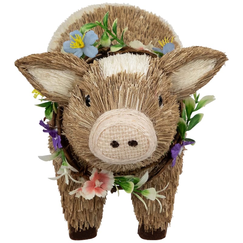 Boy Piglet with Floral Wreath Spring Figurine - 10.25" - Brown and Beige