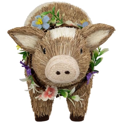 Boy Piglet with Floral Wreath Spring Figurine - 10.25" - Brown and Beige