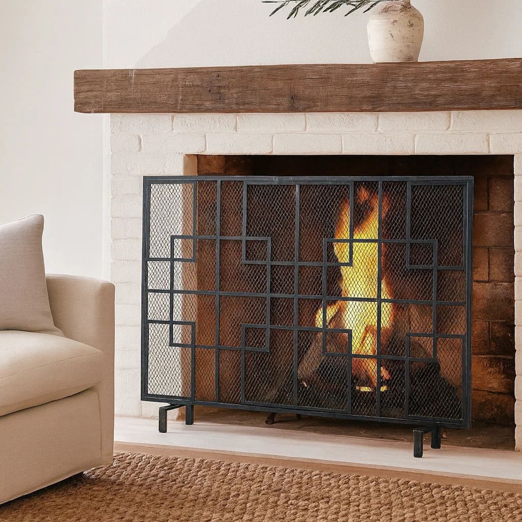 31x41 Fireplace Screen with Mesh, Contemporary Design, Black, Silver