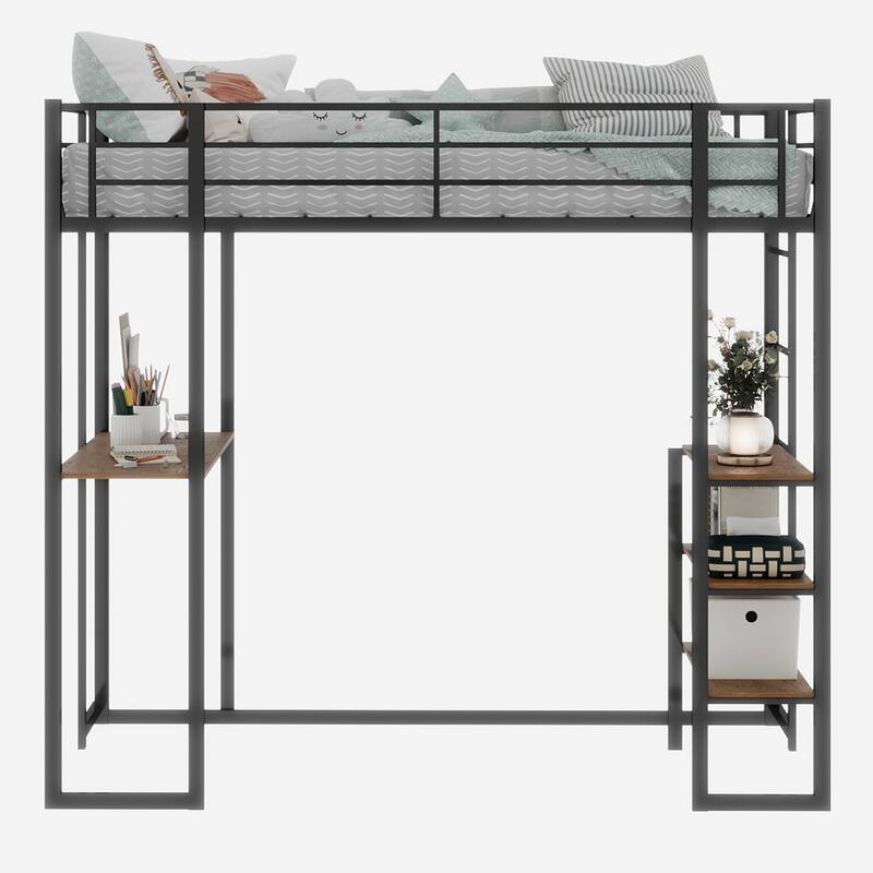 Iron frame bed with bed and table with stairs on both sides