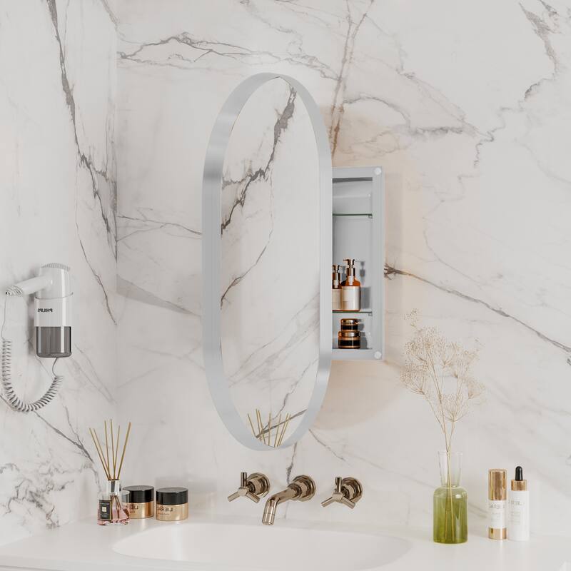 20x34"Oval Recessed Medicine Cabinet,Metal Framed Bathroom Wall Cabinet with Mirror and Adjustable Shelves