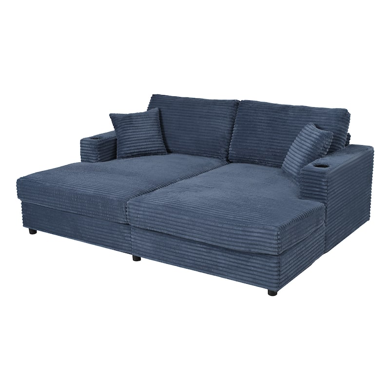 Modern Double Chaise Lounge Sofa with USB Ports and Cup Holders and Corduroy Upholstery for Living Rooms or Guest Spaces