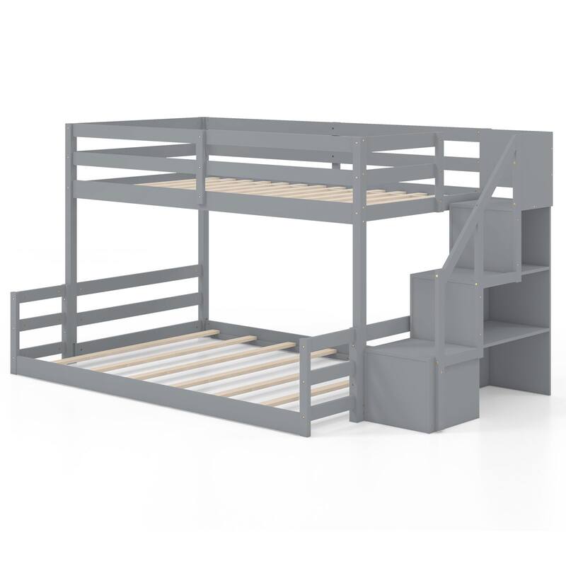 Gymax Twin Over Full Low Bunk Bed w/ Storage Stairs Full-length