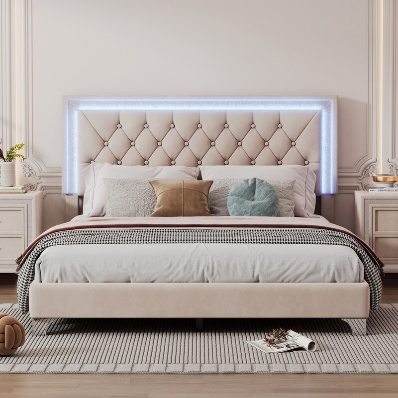 Full Queen Size Velvet Bed Frame with LED Lights Upholstered