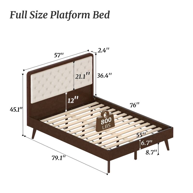 LUE BONA Solid Wood Panel Platform Bed with Button Tufted Headboard, Multi-Size wooden Rustic Bed Frame Bedroom Furniture