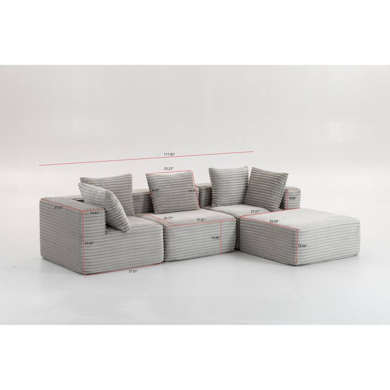 Floor Standing Deep Seat Sofa Corduroy Modular L-shaped Sectional Sofa with Chaise Lounge Compressed Sofa with Ottoman