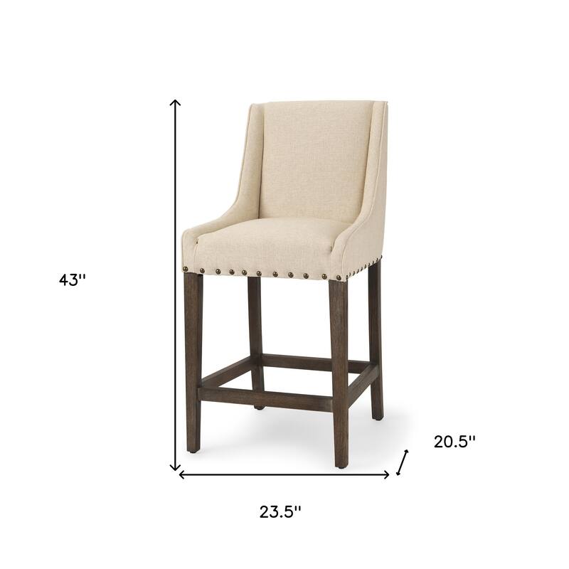 HomeRoots 28" Cream and Brown Fabric and Solid Wood Counter Height Bar Chair
