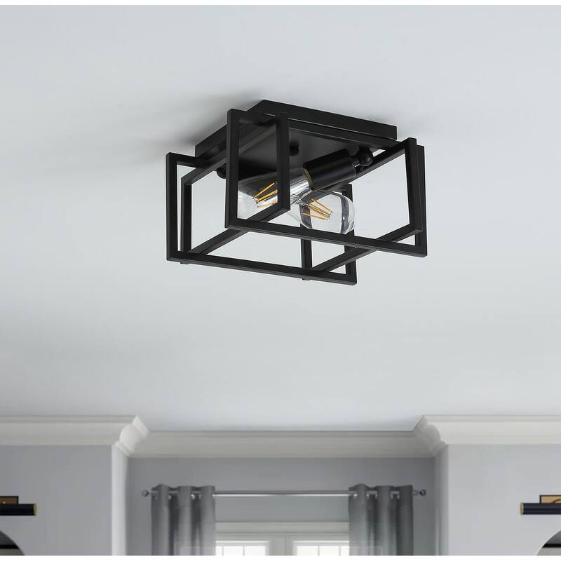 Industrial Black 2-Light Caged Shape Metal Ceiling Flush Mount