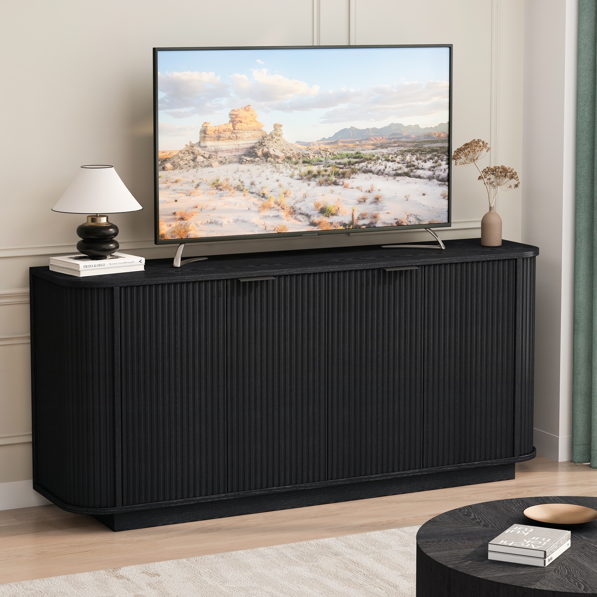 63"Wavy Storage Sideboard with Adjustable Shelves(Black)