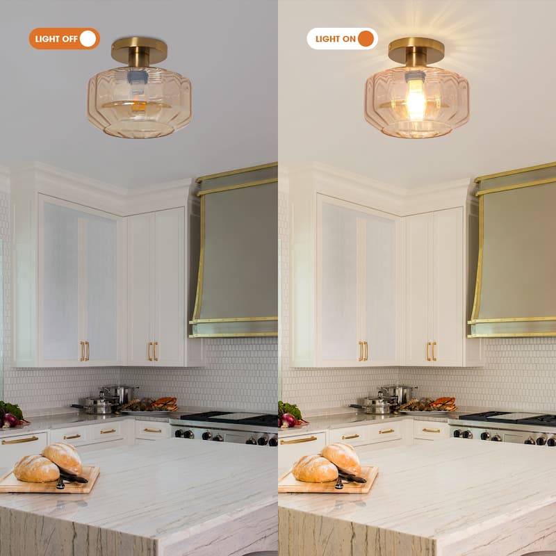 Vintage Amber Glass Semi Flush Mount Ceiling Light - D 8.7" x H 7"