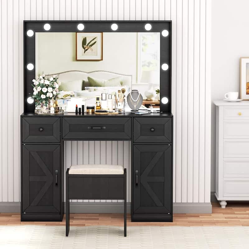 43.3'' Wide Makeup Vanity Dressing With Lighted Mirror and Stool