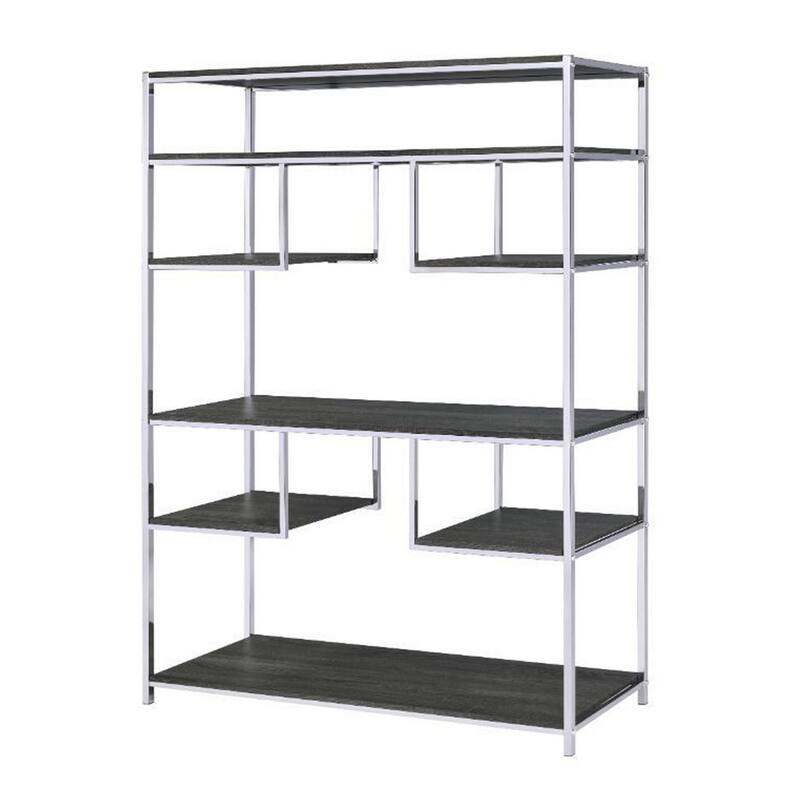 Etagere Bookshelf with 7 Shelves and Geometric Pattern,Silver and Dark Gray