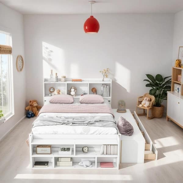 slide 2 of 9, Full Size Platform Bed with Bookcase Headboard, Under Bed Storage Drawers and Bed End Storage Case, White