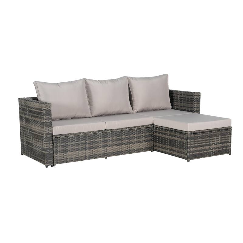 Large Modular Sectional Couch Wicker Rattan Conversation Set All Weather Recliner Couches with Glass Table and Pillows, 6 Piece