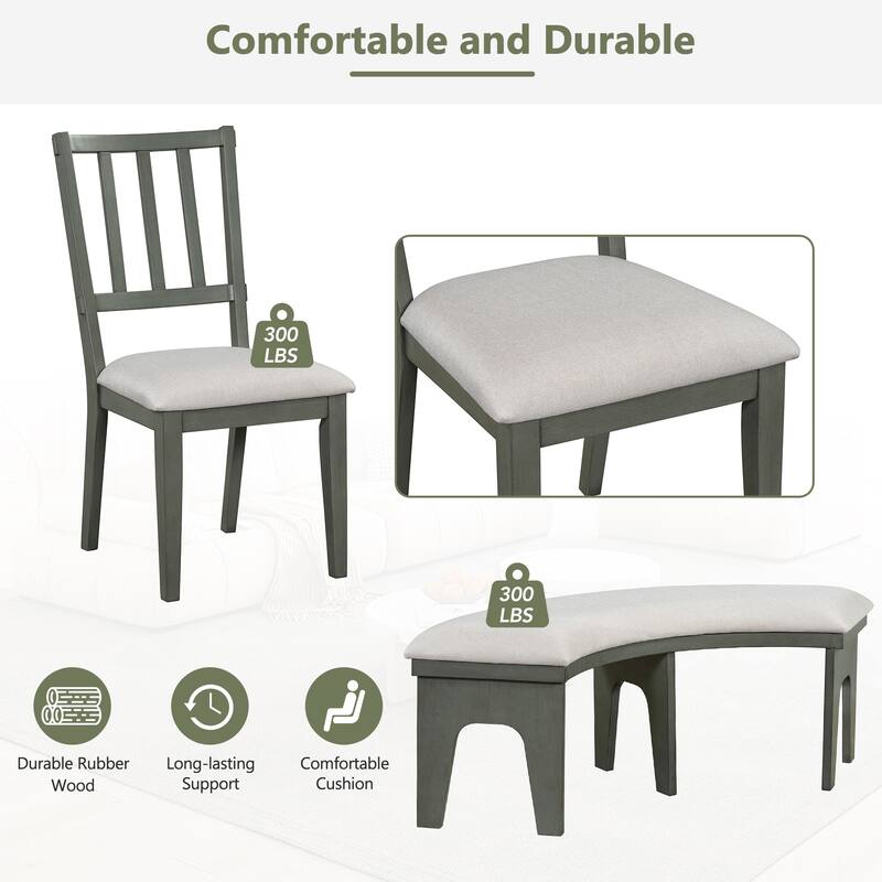 5-Piece Rustic Dining Set with Round Table, 3 Chairs & Bench