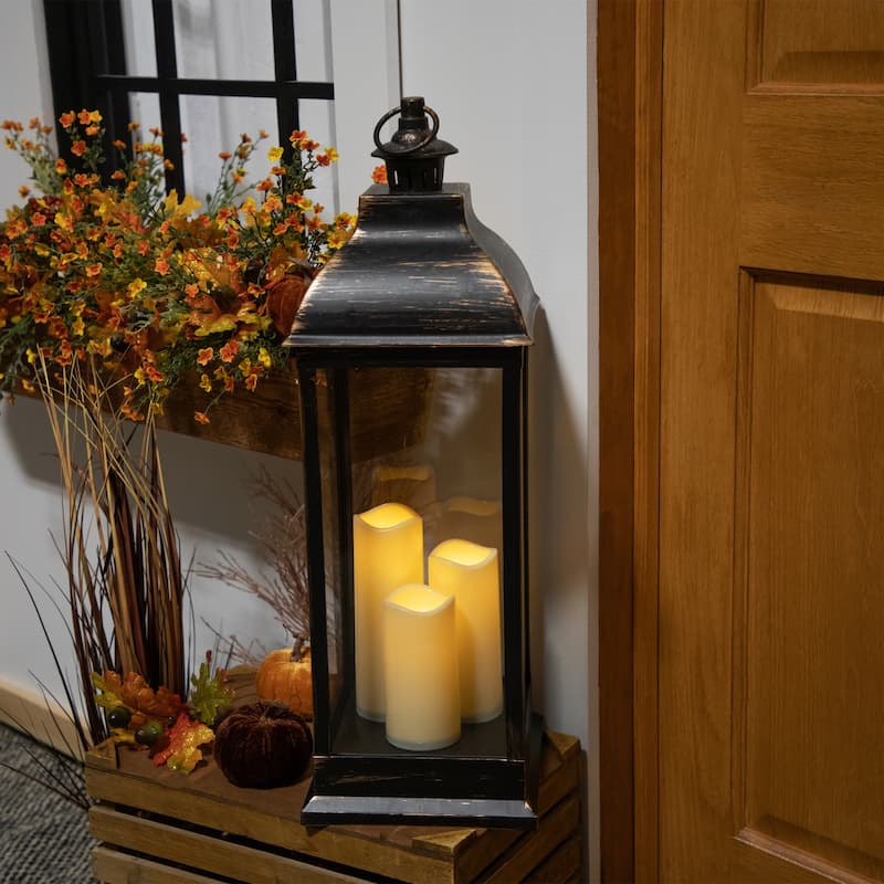 28" Gold Brushed Black Lantern With Flameless LED Candles