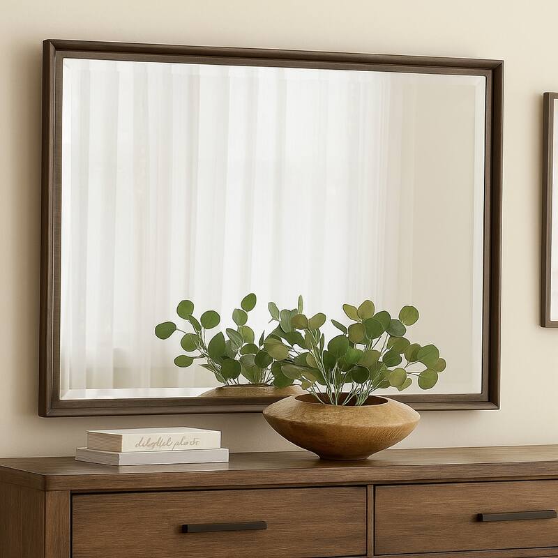 Genu Dresser Mirror, Warm Brown Wood Frame, Beveled Glass, 34 Inch