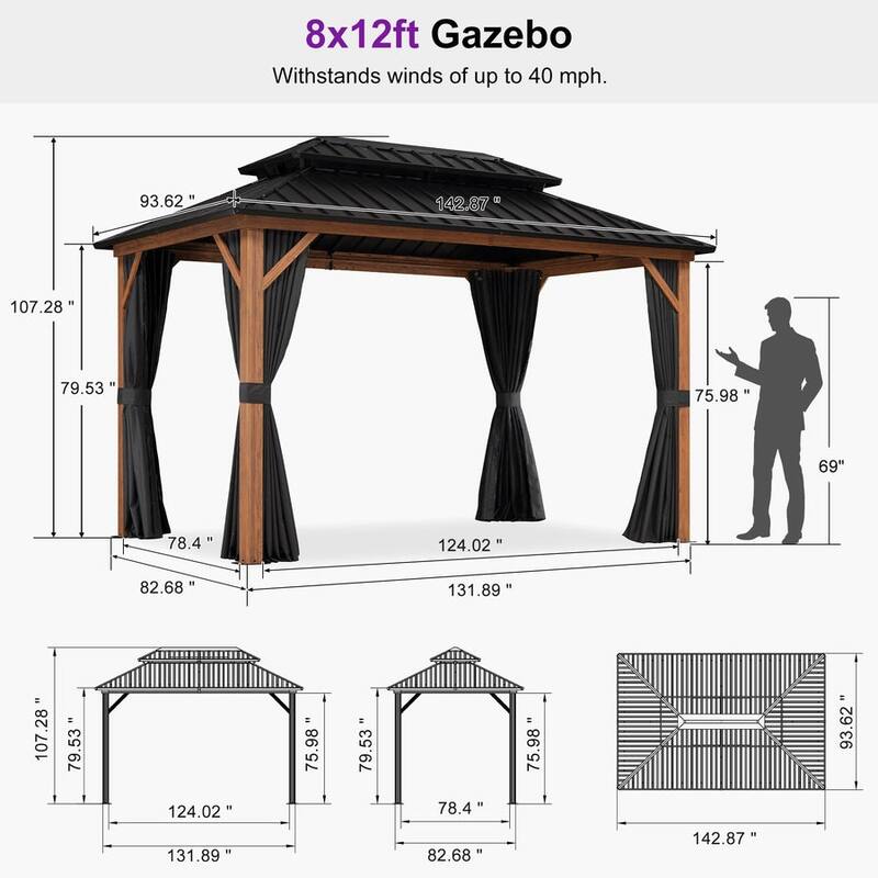 PURPLE LEAF Patio Hardtop Gazebo for Outdoor Wood Grain Aluminum Frame Galvanized Steel Double Roof and Backyard Garden