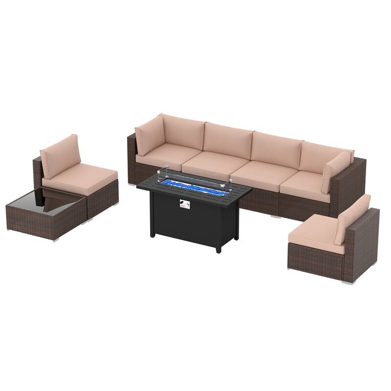Outdoor Wicker Sectional Sofa 8-Piece Set with Fire Pit Table