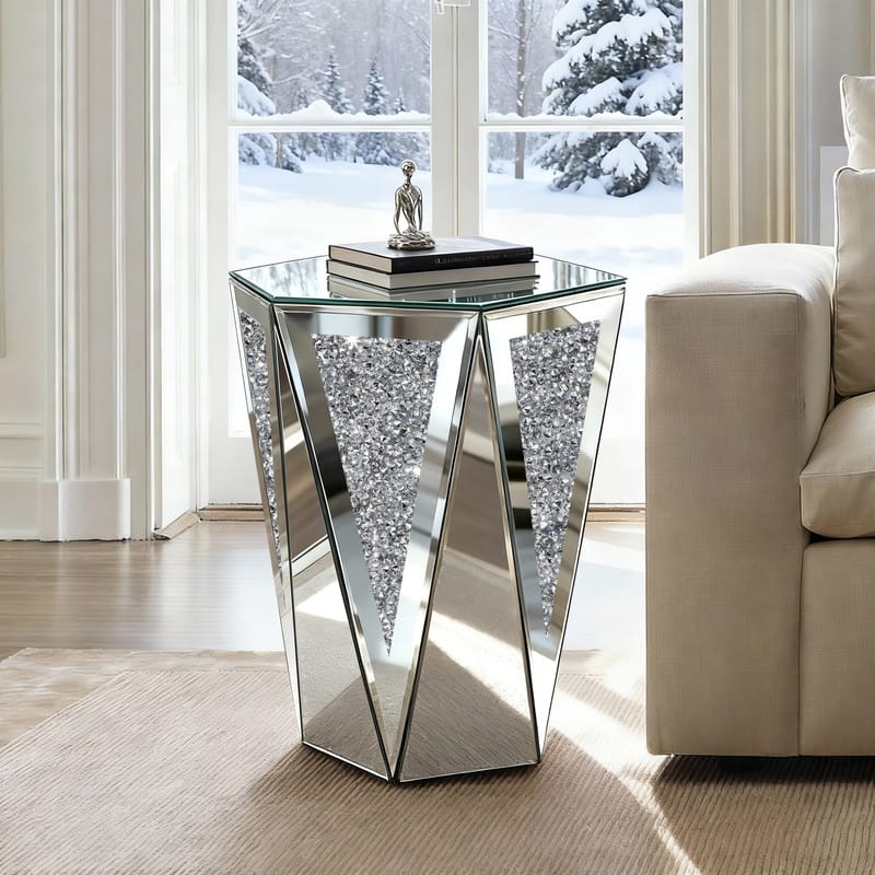 Hexagonal Mirror Top End Table with Crystal-Inlaid