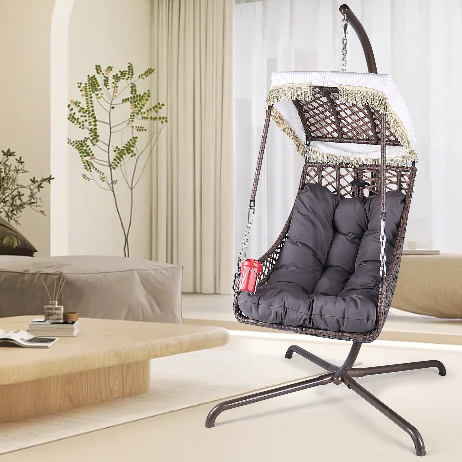 Dark Grey Swing Egg Chair Lazy Rattan Hammock Chair Lounge Bassinet Chair Nap Chair Reading Chair w Cup Holder Sunshade Cloth