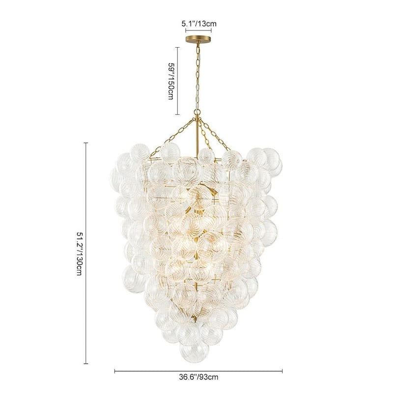 Brass 12-Light Swirled Glass Ball Grape Loft Bubble Chandelier