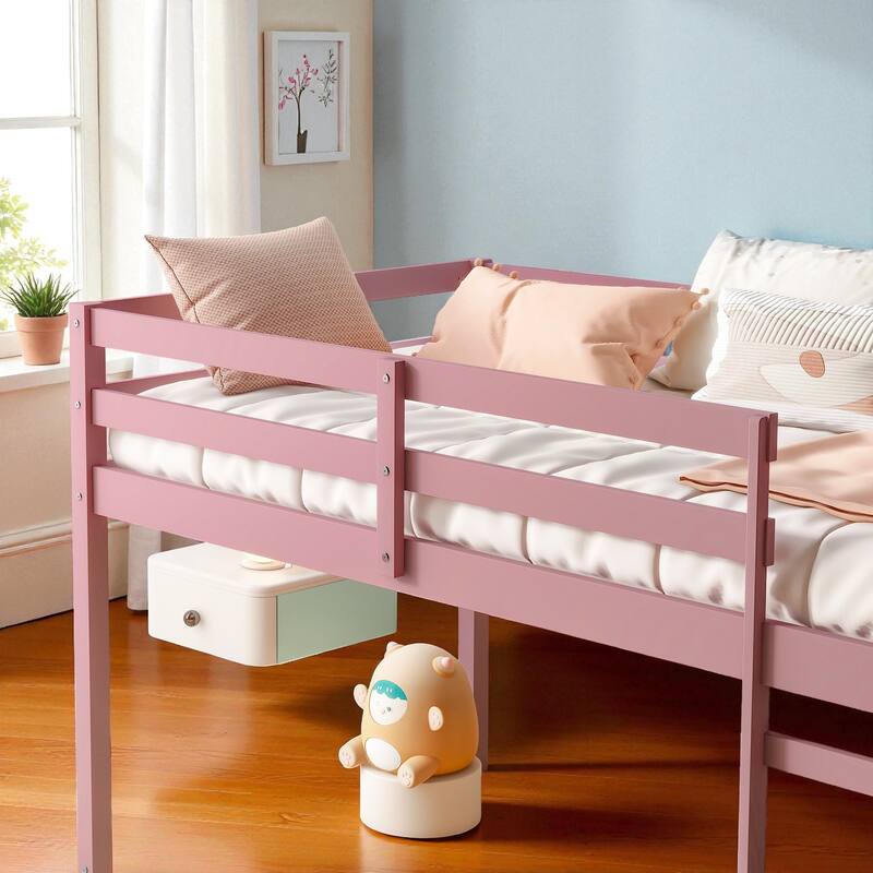 Solid Wood Twin Loft Bed with Ladder, Rubber Wood Frame Low Height Design with Guard Rails and Storage Space