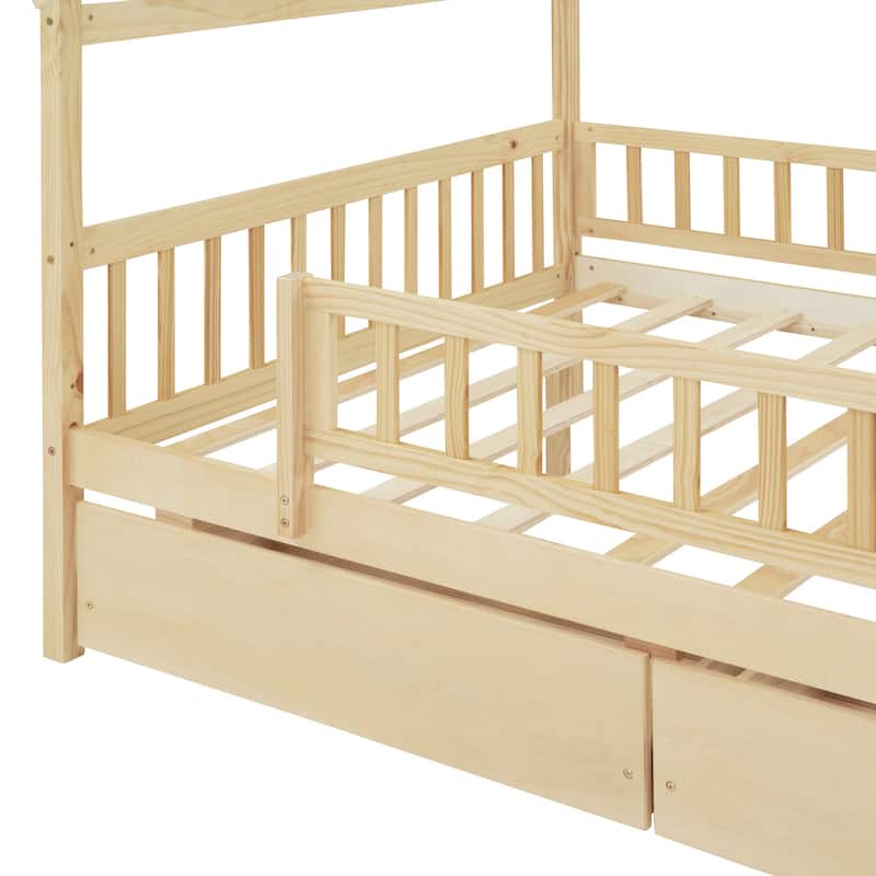 Wooden Twin Size House Bed with Roof, Guardrail and Drawers