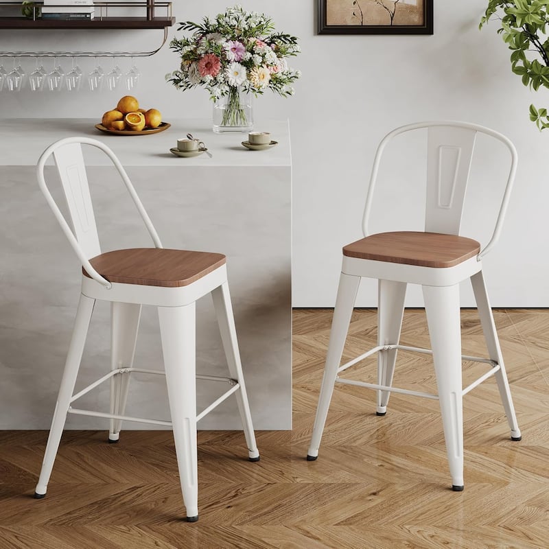 Counter Stools with Metal Frame Counter Height Bar stools with High Back 24" Kitchen Bar Furniture Stools with Wooden Seat
