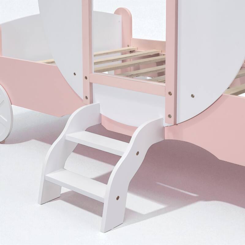 Twin Size Princess Carriage Bed with Crown and Stairs, Kids Wooden Platform Bed Frame with Slats and Fairy Tale Design
