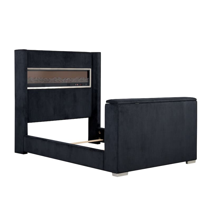 Furniture of America Gaia Modern Corduroy Bed with 3D Fireplace Simulator and Bluetooth Audio