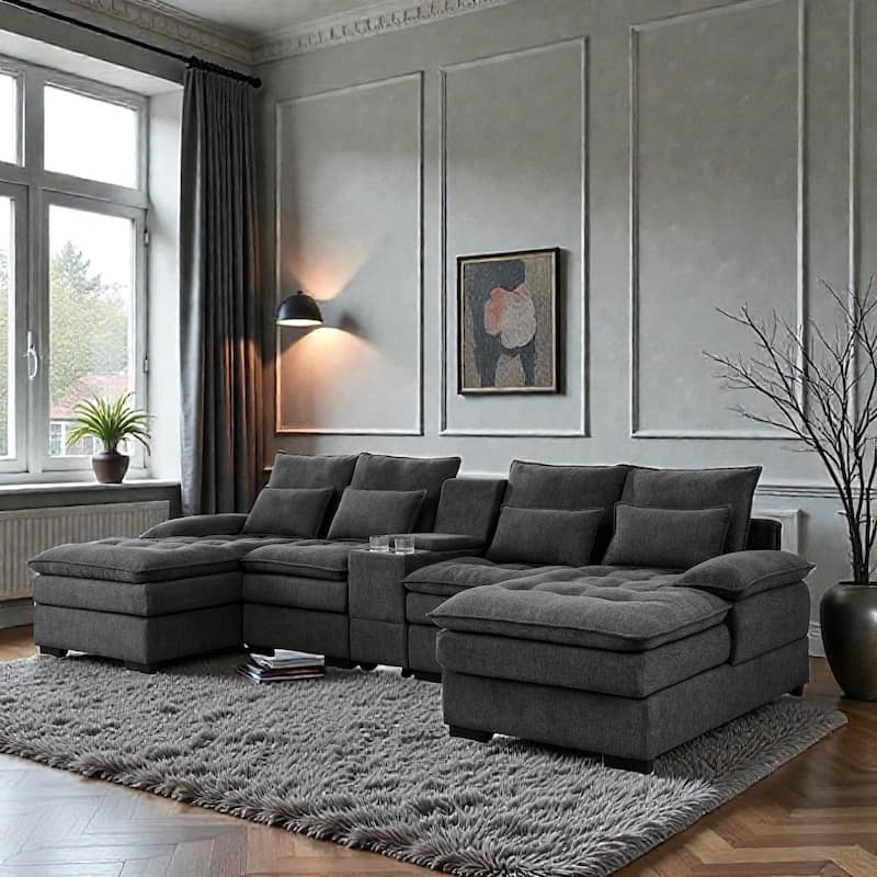 130" U Shaped Sectional Sofa with Console and Cup Holders, 6 Seat Upholstered Couch with Chaise for Living Room - Grey