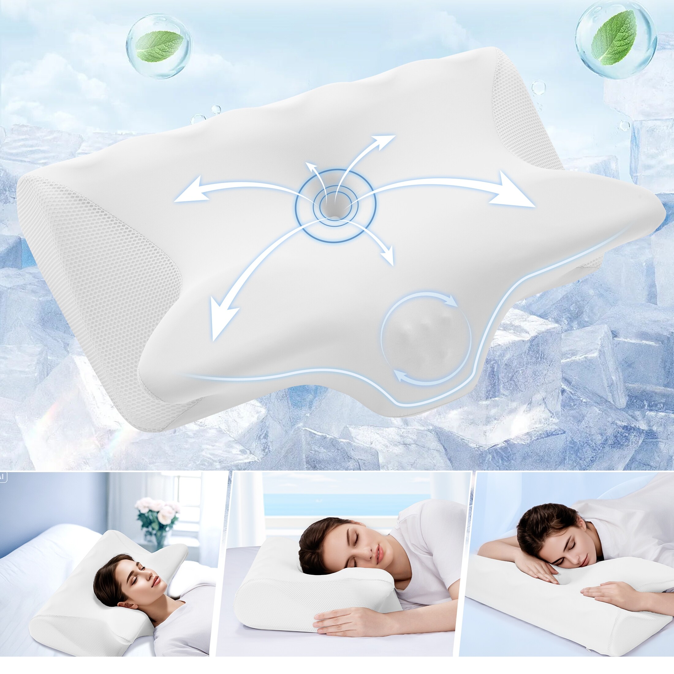Cooling Memory Foam Wave Pillows, Ergonomic Cervical Contour