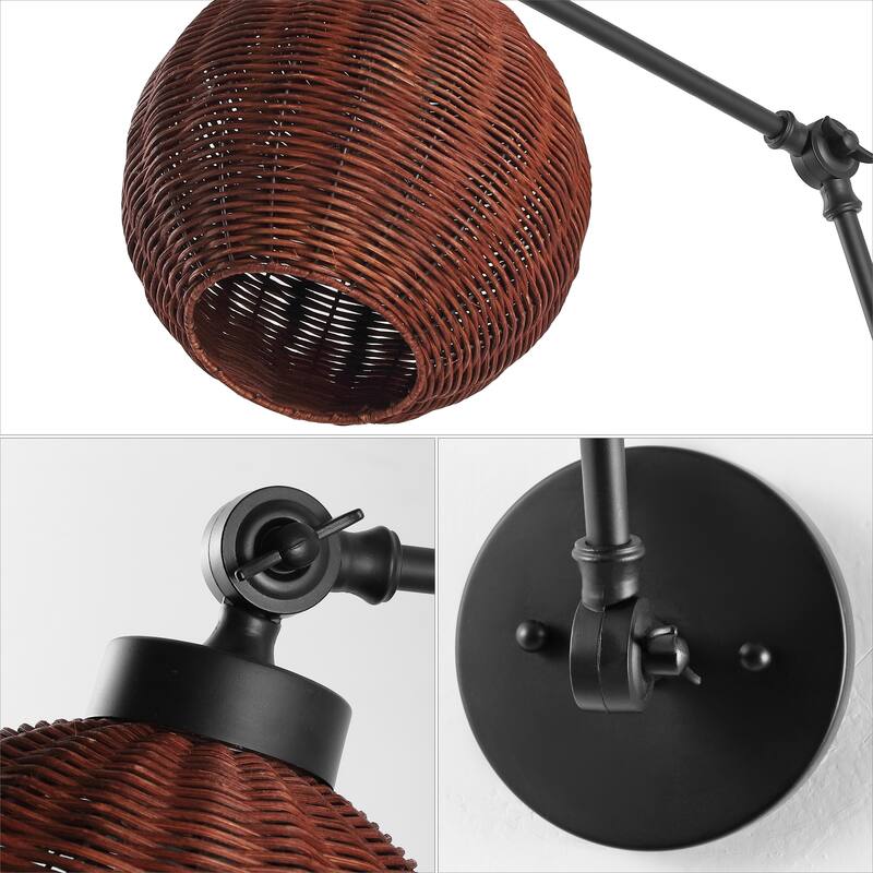 Ivan 22" 1-Light Mid-Century Vintage Rattan Globe Swing Arm LED Sconce, Dark Brown/Black, by JONATHAN Y