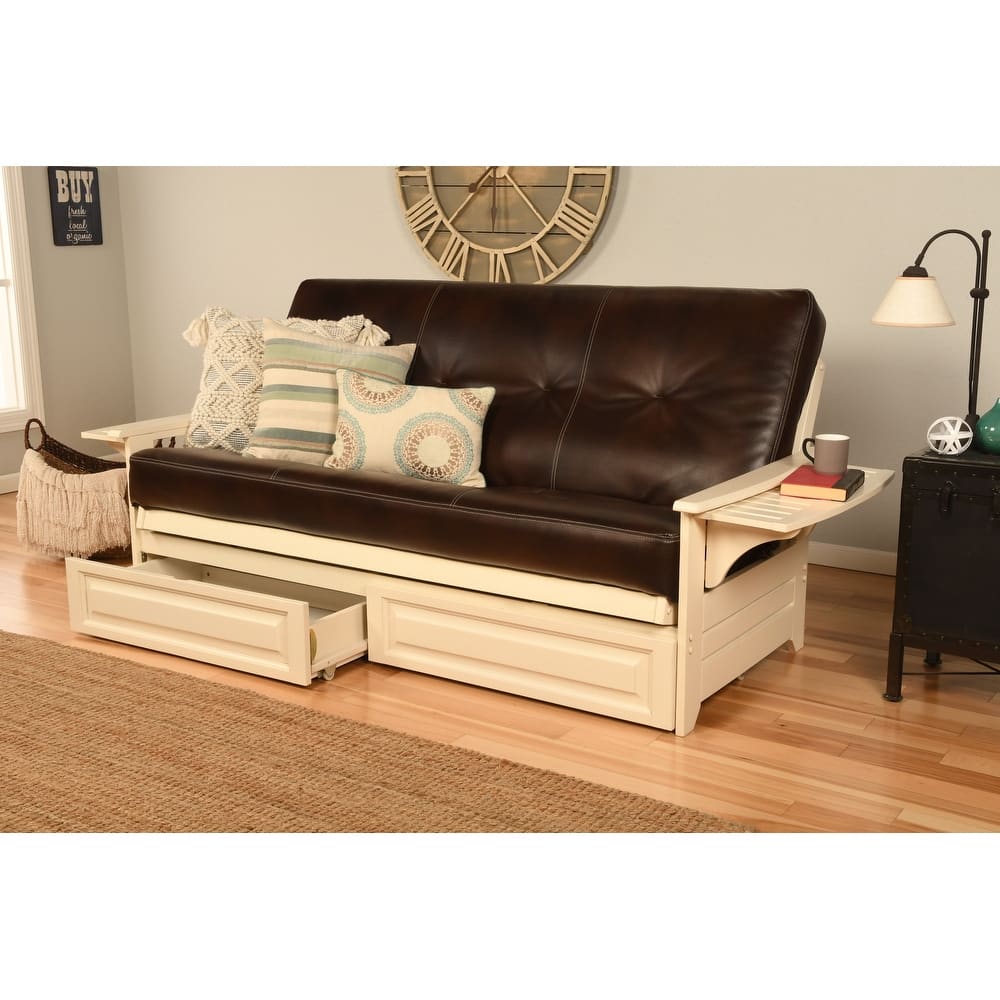 Somette Phoenix Futon Set in Antique White Wood with Innerspring Mattress and Storage Drawers