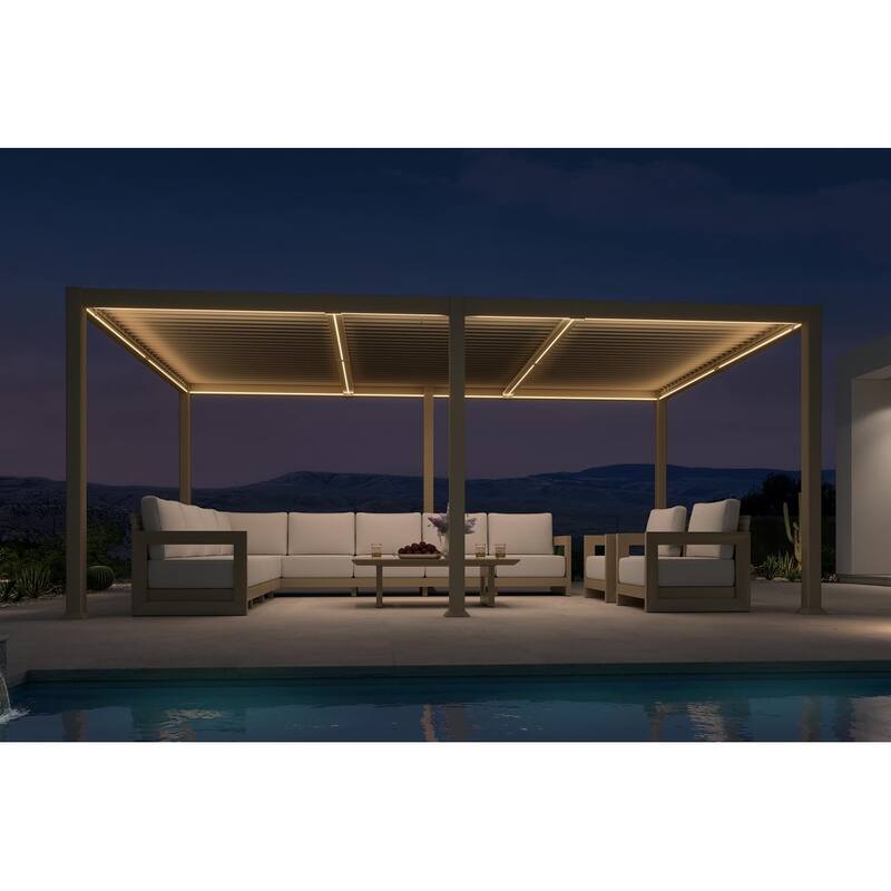 PURPLE LEAF Solar Louvered Pergola with LED String Lights Aluminum Outdoor Pergola with Adjustable Roof for Patio Garden - 11' x 18' - Champagne