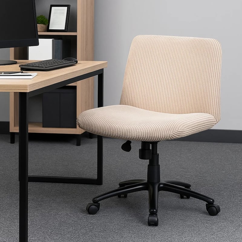 Adjustable Swivel Task Chair on Caster Wheels, Beige Corduroy, Armless